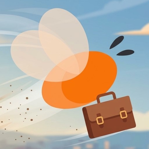 The ABusyBee mascot — an orange bee carrying a briefcase, flying fast across the sky.